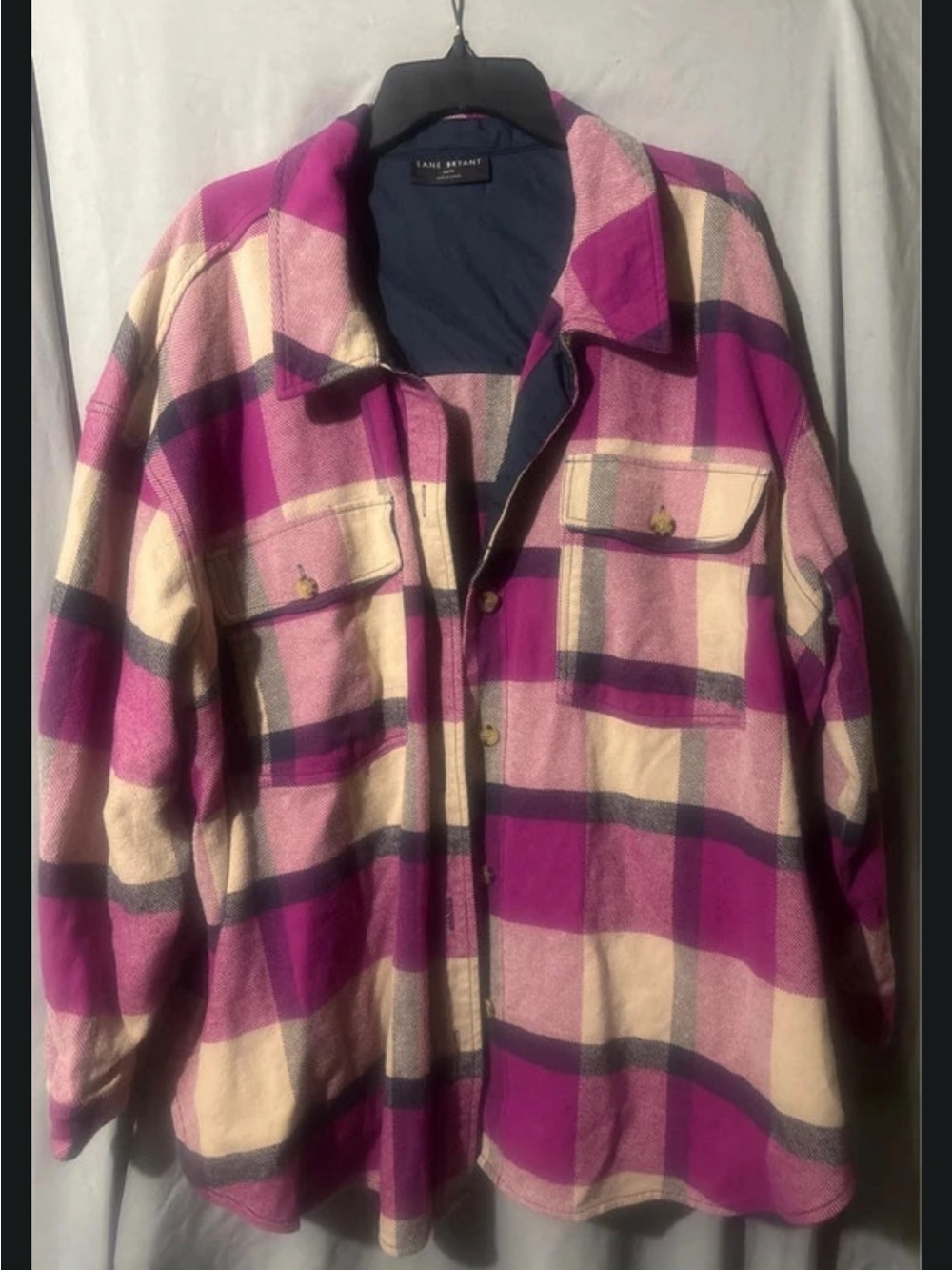Lane Bryant Fuchsia and Cream Plaid Utility Shacket